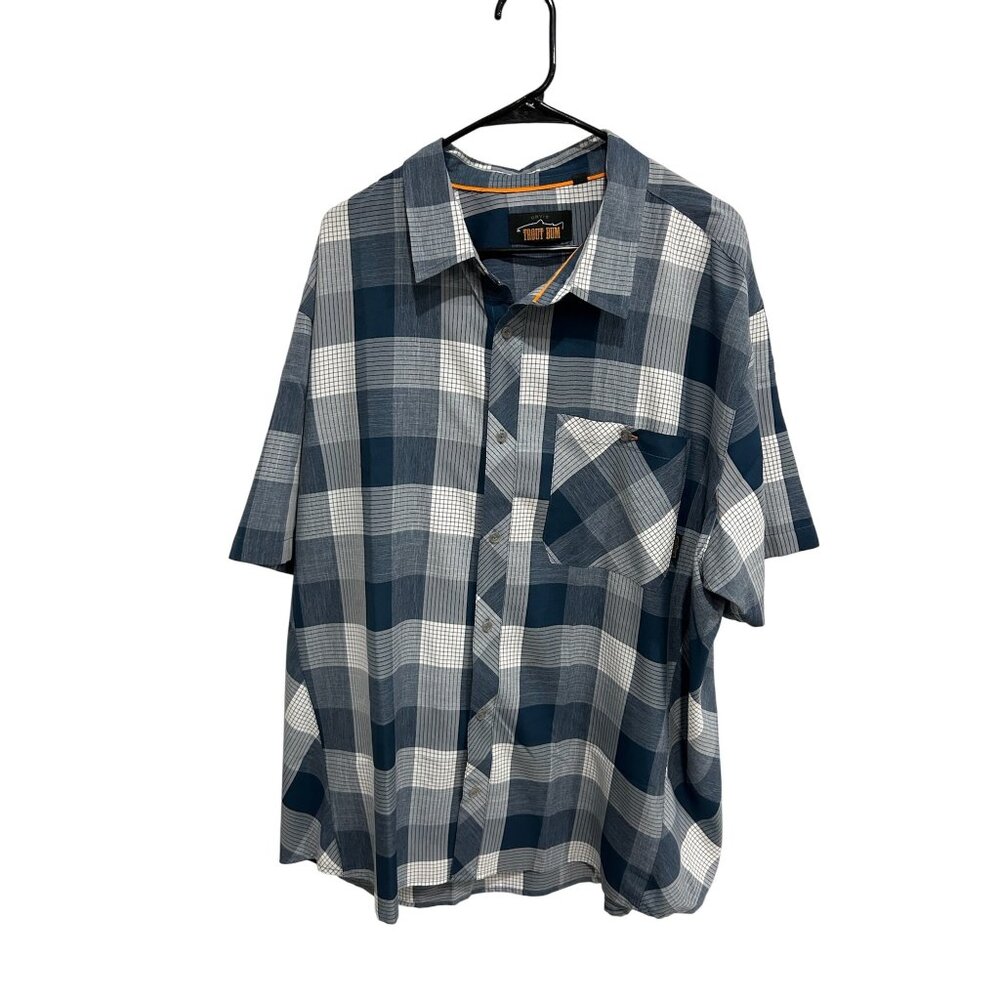 Orvis Trout Bum Plaid Short Sleeve Button Front Shirt Blue White Sz XXL Preppy